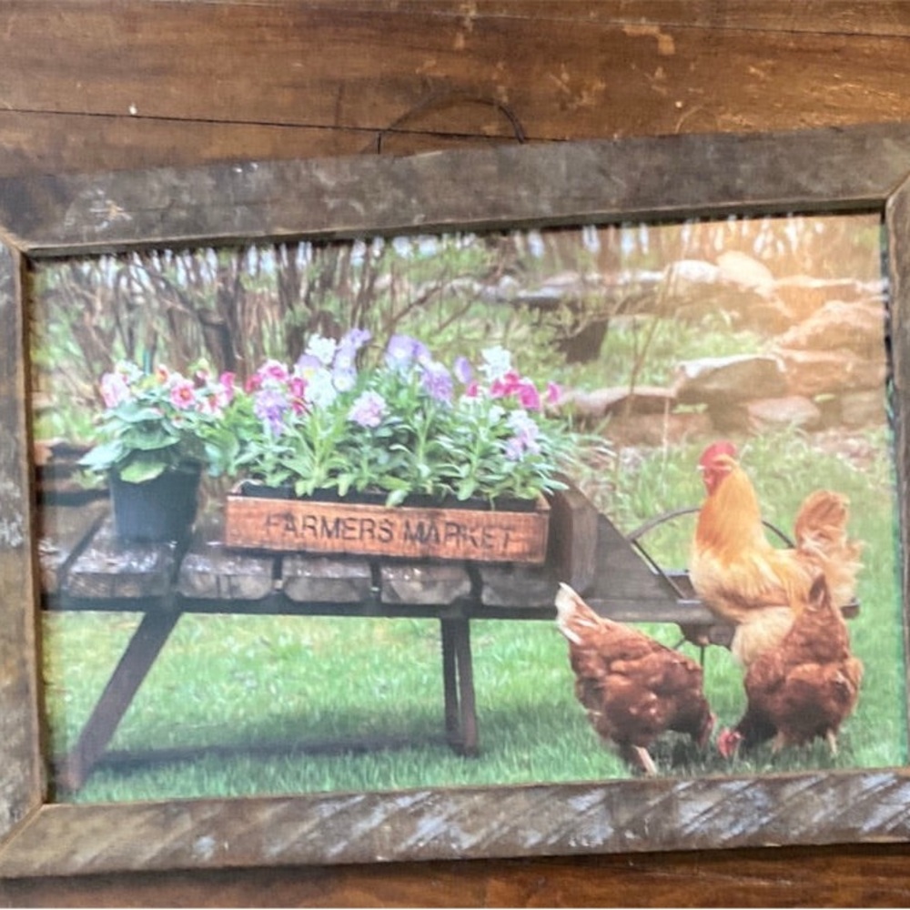Brown and Green Rustic Painting with Floral and Chicken Accents